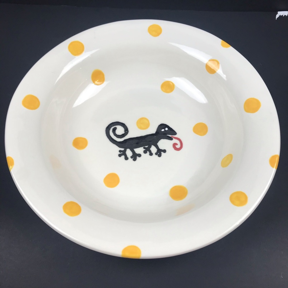 VTG IANDOLA White Yellow Dots Wide Bowl 13" Ceramic Hand Painted Black Lizard